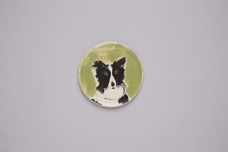 Border Collie handmade ceramic dog plate with blackberries