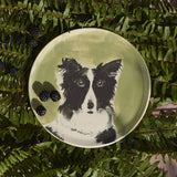 Border Collie handmade ceramic dog plate with blackberries with backberries