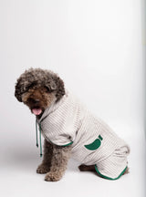 Caniche wearing our Peggy Grey Organic Cotton Towel Dog Bathrobe lateral view