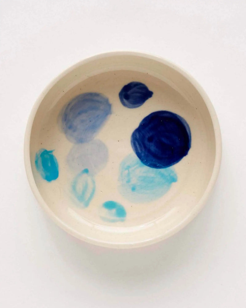 Handmade Blue Polka Dot Ceramic Dog Water Bowl inside view