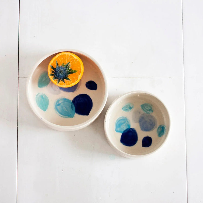 Handmade Blue Polka Dot Ceramic Dog Water Bowl two sizes