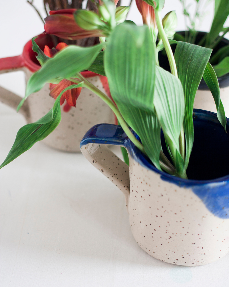 Handmade red ceramic mugs with plants inside